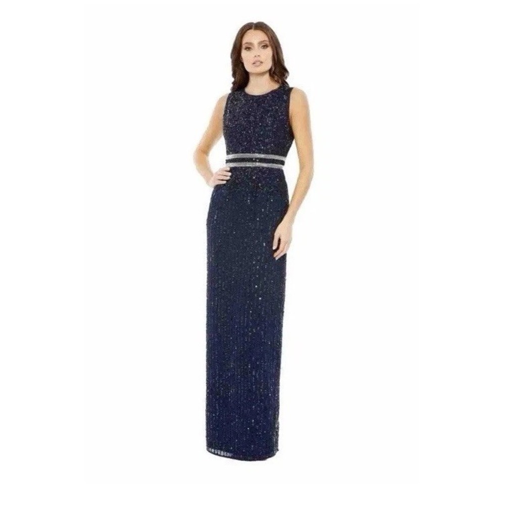 NWT Mac Duggal SEQUINED HIGH NECK SLEEVELESS COLUMN GOWN Sz 4 Navy Blue 93606